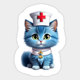 Whisker Wellness Wardrobe: Adorable Blue Kitten Nurse on Duty Sticker